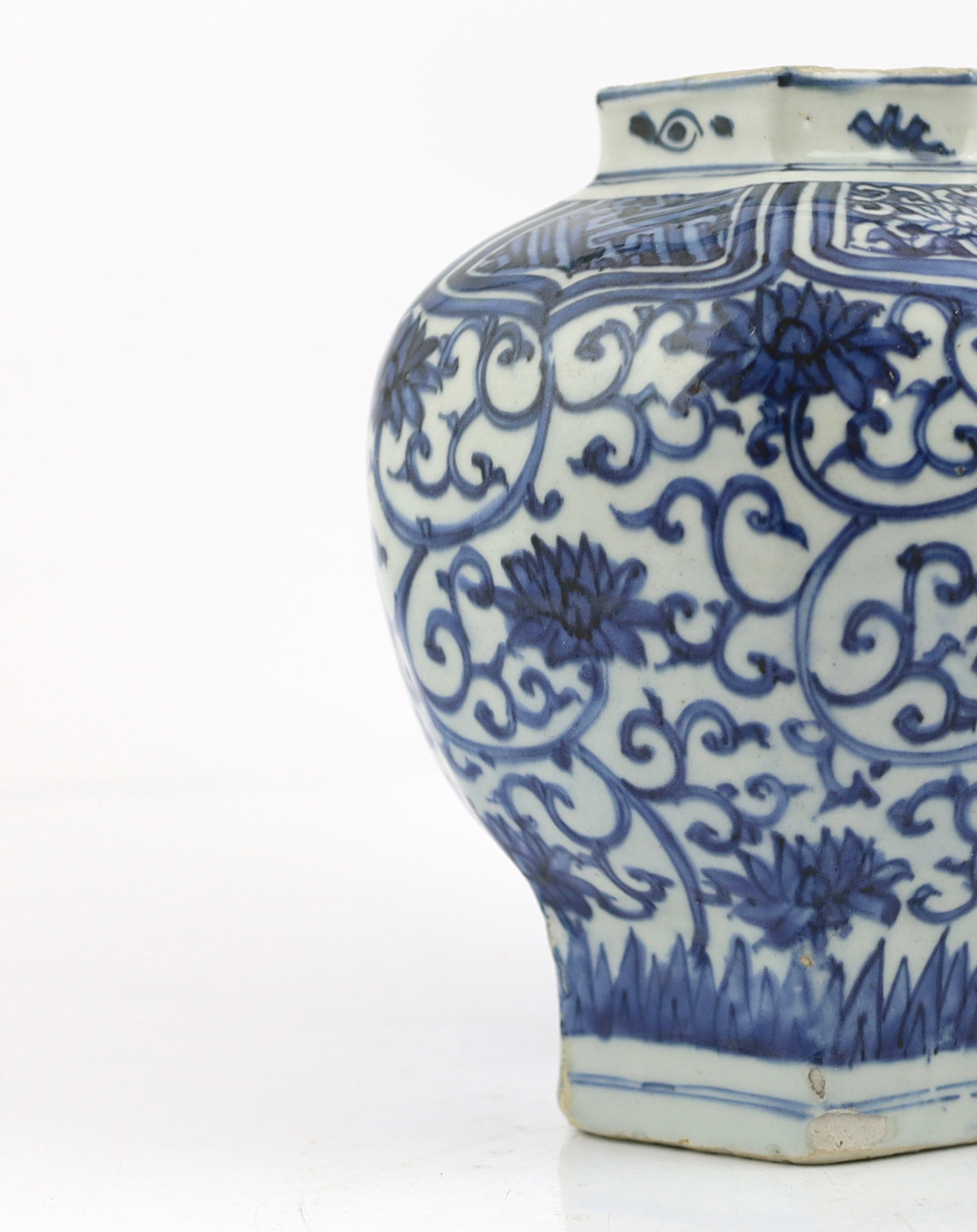 A Chinese Ming blue and white ‘lotus’ hexagonal vase, Wanli period (1572-1620)